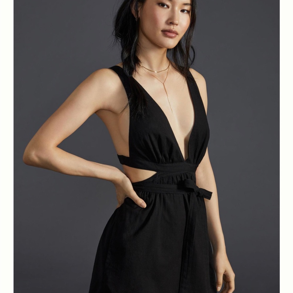 Anthropologie Black Mini Dress Cross Back Tie Waist
